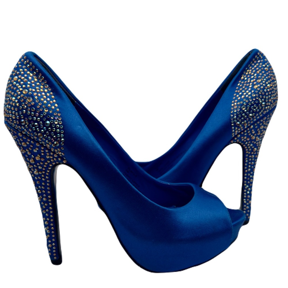 Steve Madden Royal Blue Satin Peep-Toe Heels with Rhinestones
